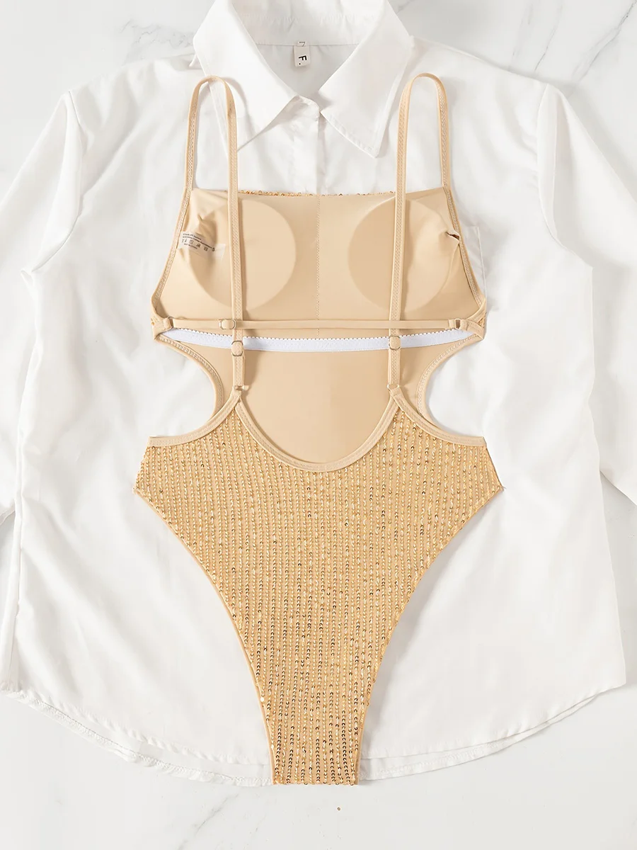 Glitter Sparkling Sequins Cut Out One Piece Swimsuit Women Swimwear Female High Cut Leg Monokini Backless Bathing Suit Swim Lady