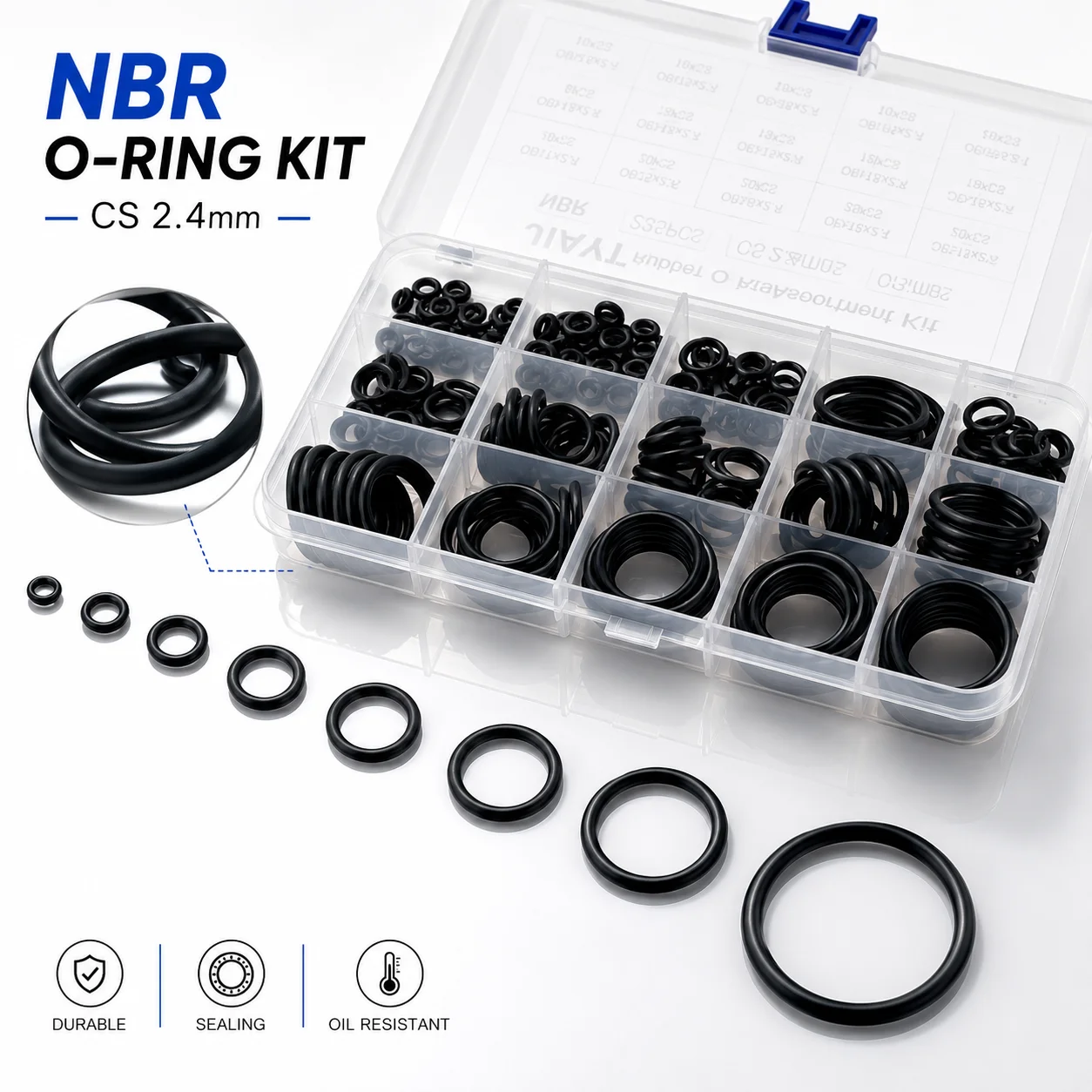 225 Pieces of NBR Nitrile Rubber O-ring Set CS 2.4mm Outer Diameter 7-30mm Pressure Resistant and Wear-resistant Multi Size