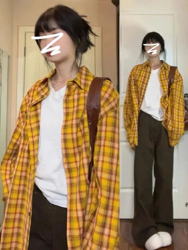 

Женская рубашка-куртка в американском ретро-стиле в клетку больших размеров, с защитой от солнца, новинка 2025 года, уникальный модный топ для повседневной носки, с завышенной талией