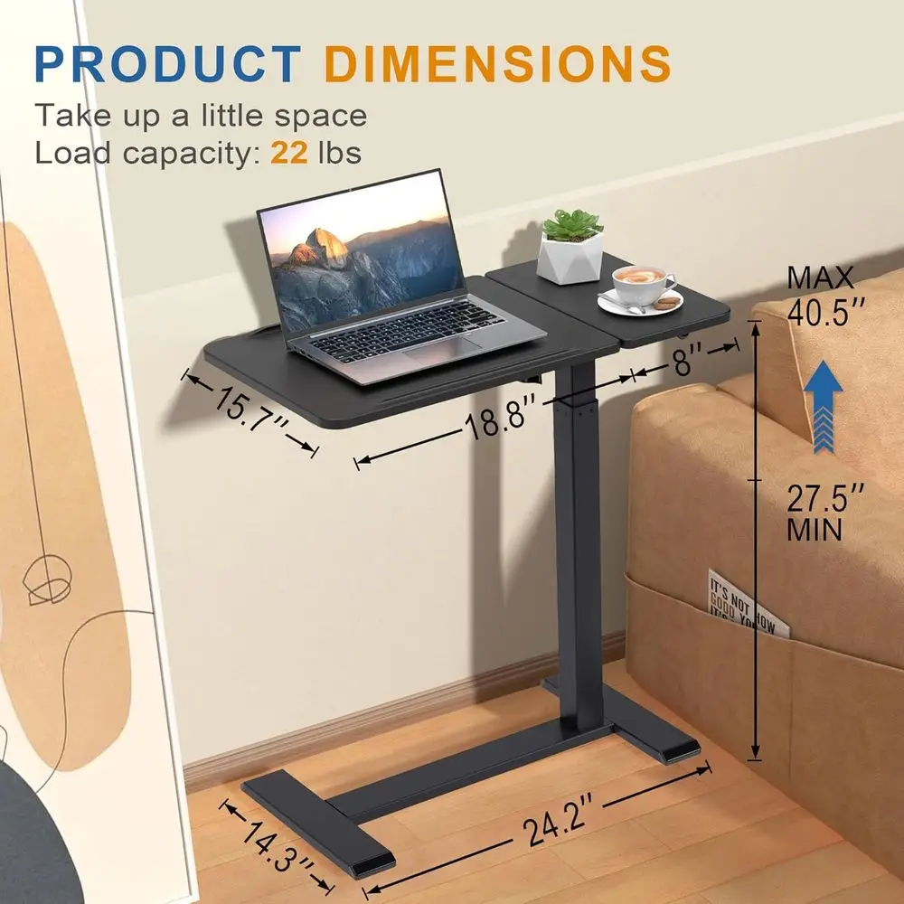 Мобильный столик из орехового дерева с пневматическим наклоном, столом для ноутбука и скрытыми колесами (черный)