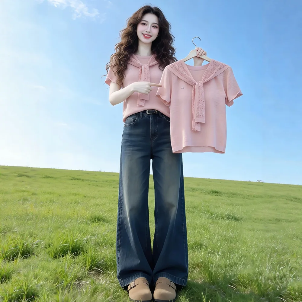 Korean Style Women Tee Summer Short Sleeve Crew Neck Pink Hollow Out Shawl Loose Casual Elegant Breathable Soft Clothing