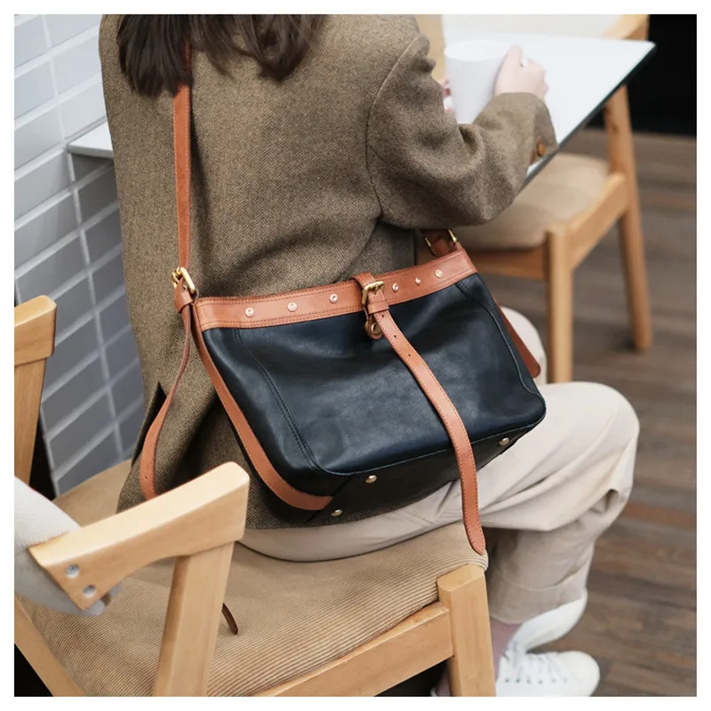 Casual luxury genuine leather ladies messenger bags outdoor travel designer handmade natural real cowhide women's shoulder bag