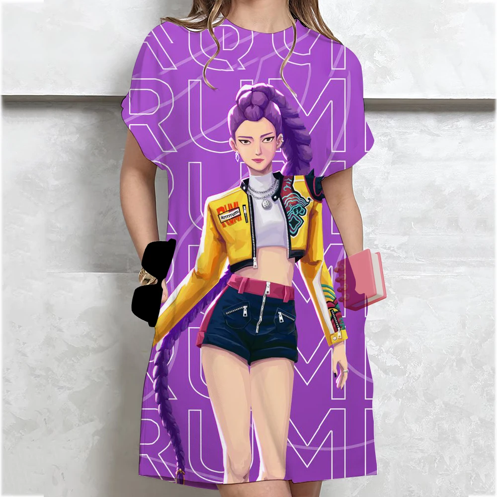 فستان Kpop Demon Hunters Huntrix فستان نسائي فضفاض غير رسمي برقبة دائرية وأكمام قصيرة فستان قصير فضفاض أنيق لحفلات الشاطئ والعطلات