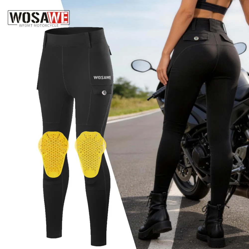 

WOSAWE Women Motorcycle Style Pants Removable Knee Pads Slim Fit Motocross Pants Yoga Fitness Sports Tights Side Pockets ﻿