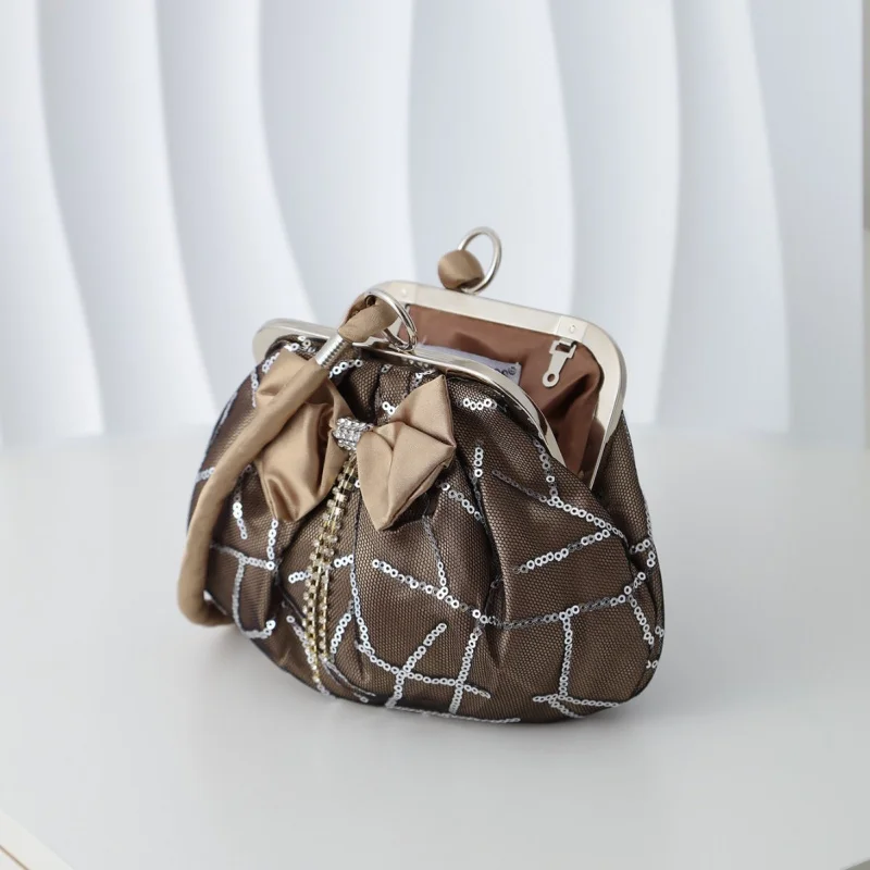 2026New fashion sequin mesh bow handbag with string strap, soft shoulder bag, crossbody bag, high-end evening dress bag - view 4