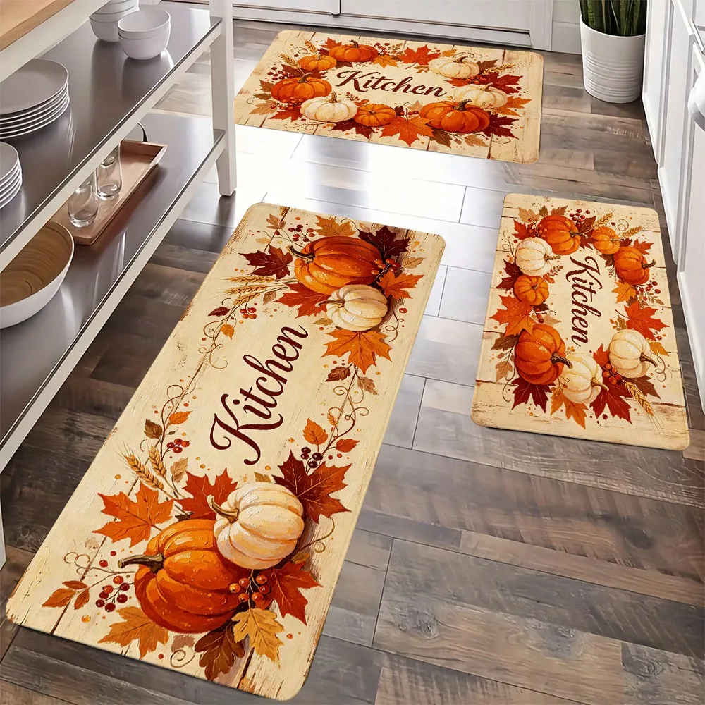 3pcs Pumpkin Maple Leaf Harvest Pattern Kitchen Rug Set, Cozy Autumn Atmosphere Decorative Mat, Suitable For Kitchen, Living Room, Laundry Room, Entrance Runner