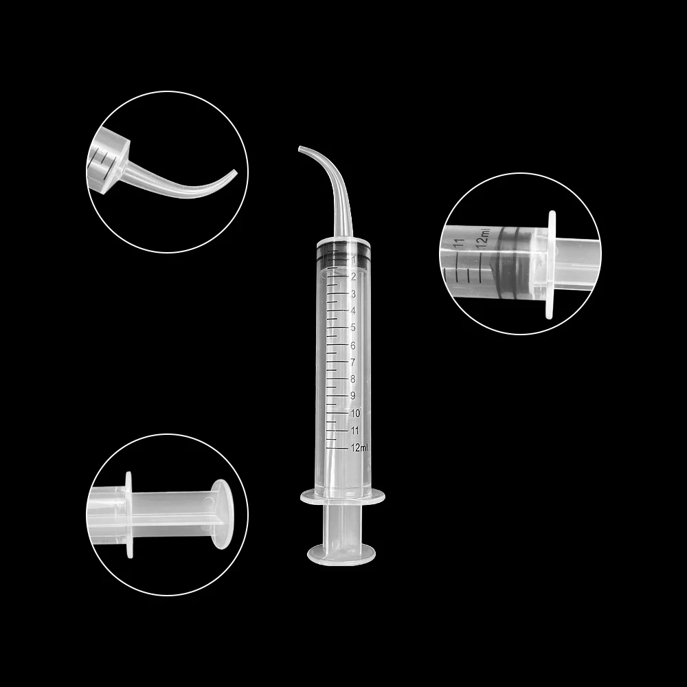 곡선 팁이 있는 치과 관개 주사기, 12ml 치과 키트, 투명 치아 미백 치과 기구, 치과 관리 도구