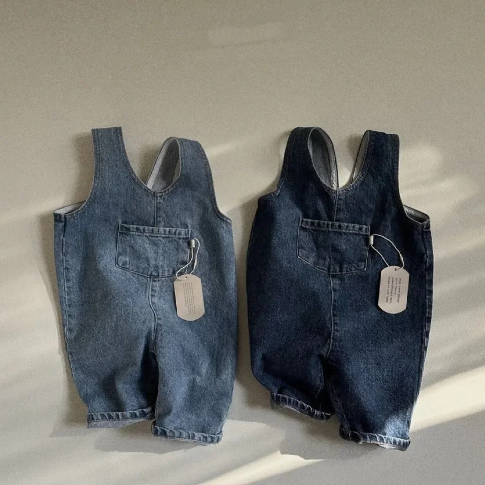 

8897 Korean Baby Pant 2024 Spring New Cowboy Blue Solid Color Pocket One-piece Suspenders Pants for Boys and Girls