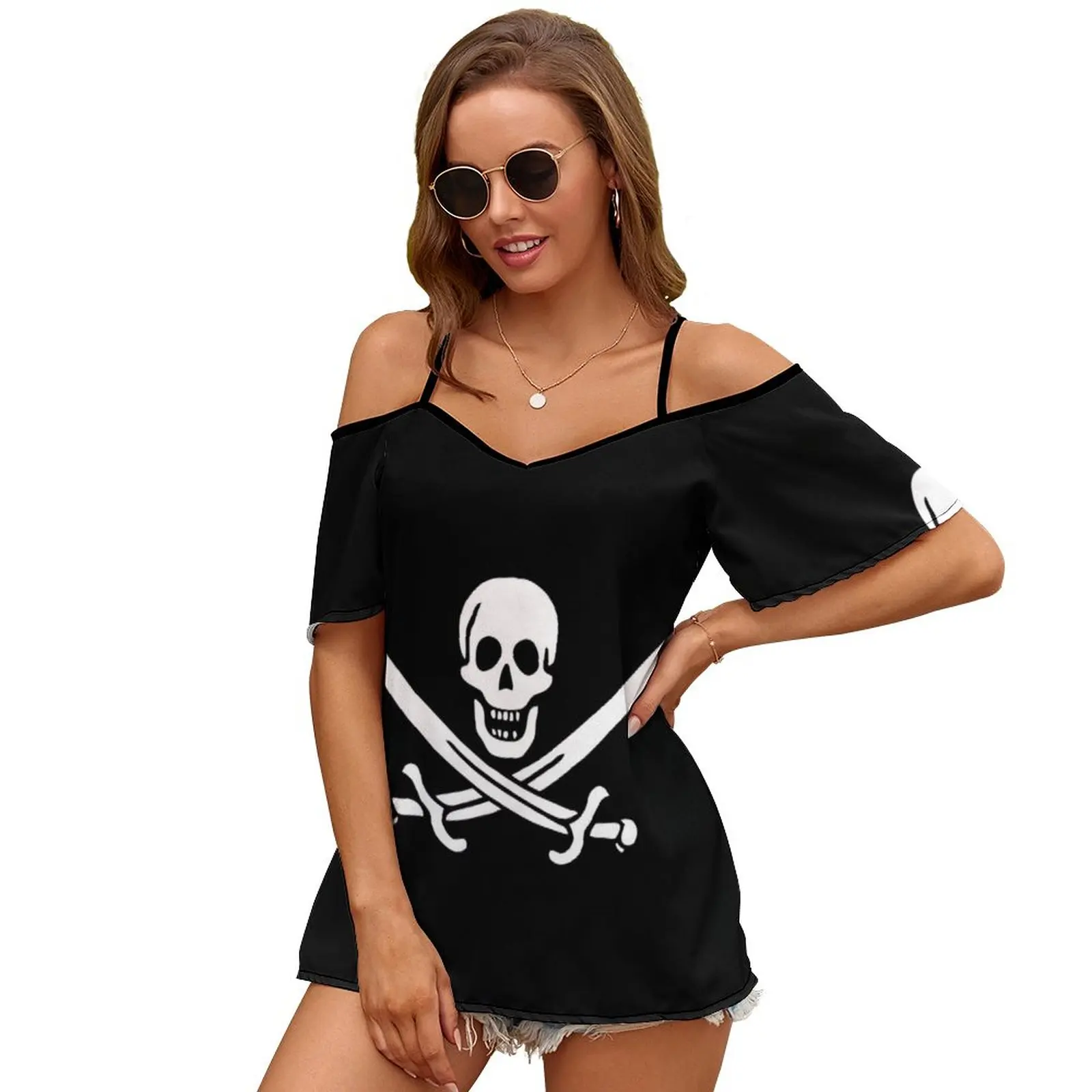 Pirate Flag Print O-Neck Off-The-Shoulder Top Short-Sleeved T-Shirt Ladies Streetwear Calico Jack Calico Jack Pirate Pirates