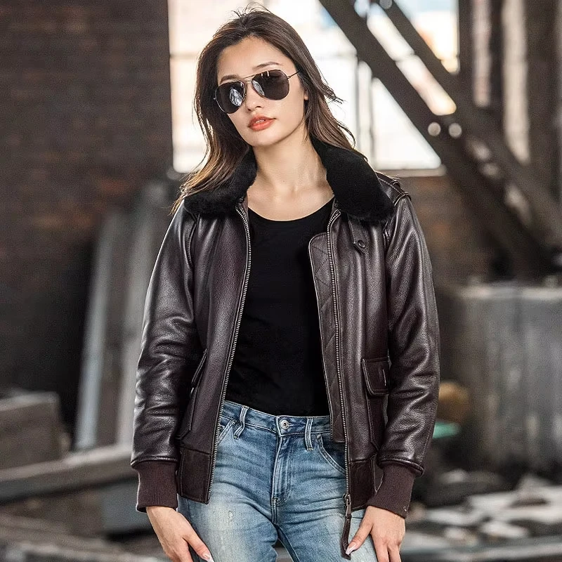 Dark Brown Winter Leather Jacket Women Military Style Plus Size 3XL Genuine Natural Thick Cowhide Wool Collar G1 Flight Coat