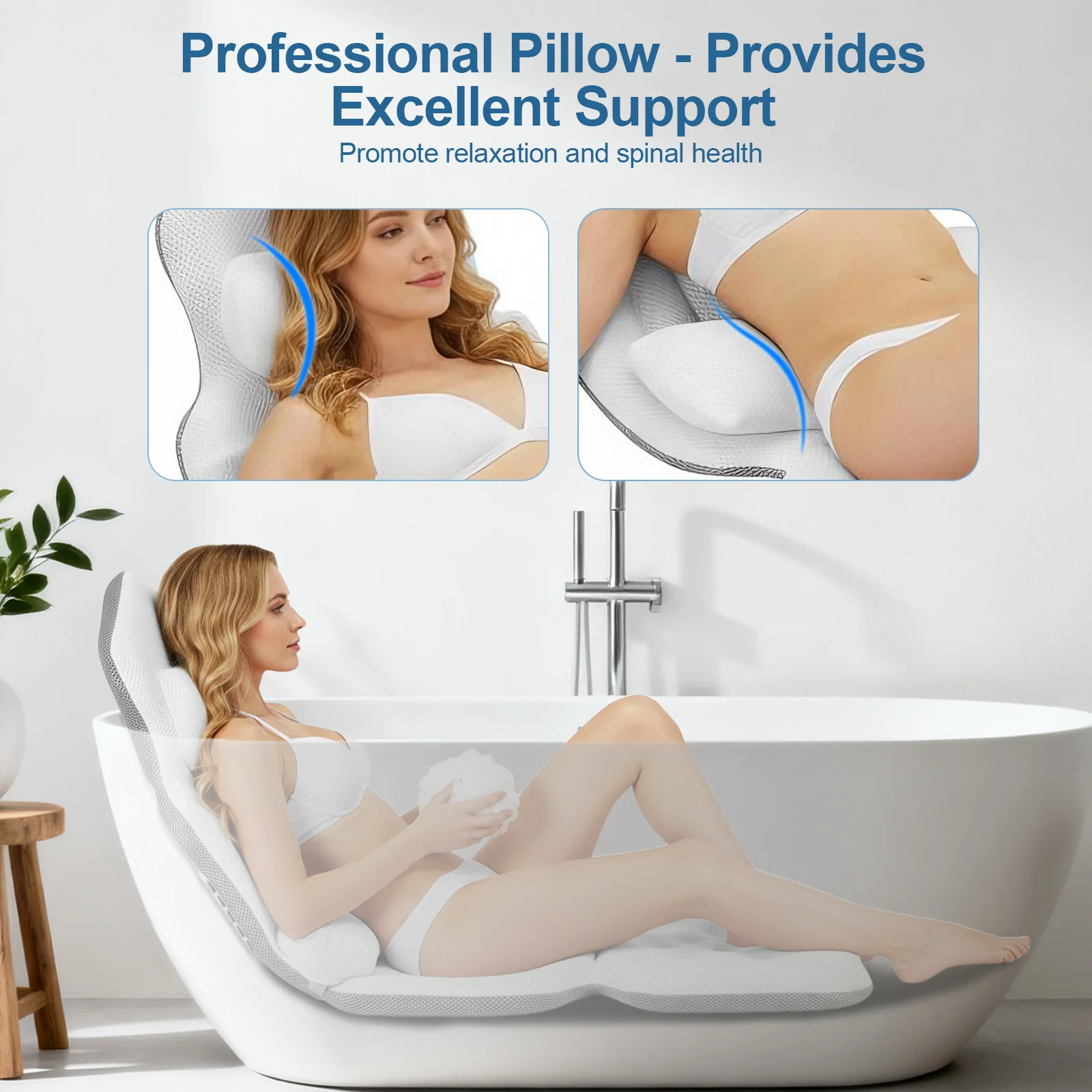 Breathable Bath Pillow Non-Slip Bathtub Spa Head Rest With Suction Cup Support Neck Back Full Body Rest Bathroom Supply 134cm