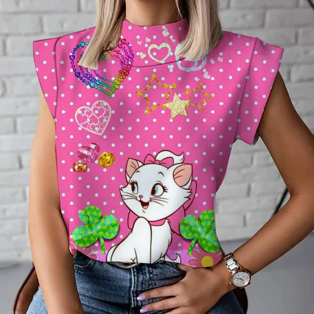 Letnia damska koszulka Hello Kitty damska koszulka z wysokim kołnierzem kreskówka modna wygodna damska koszulka z krótkim rękawem