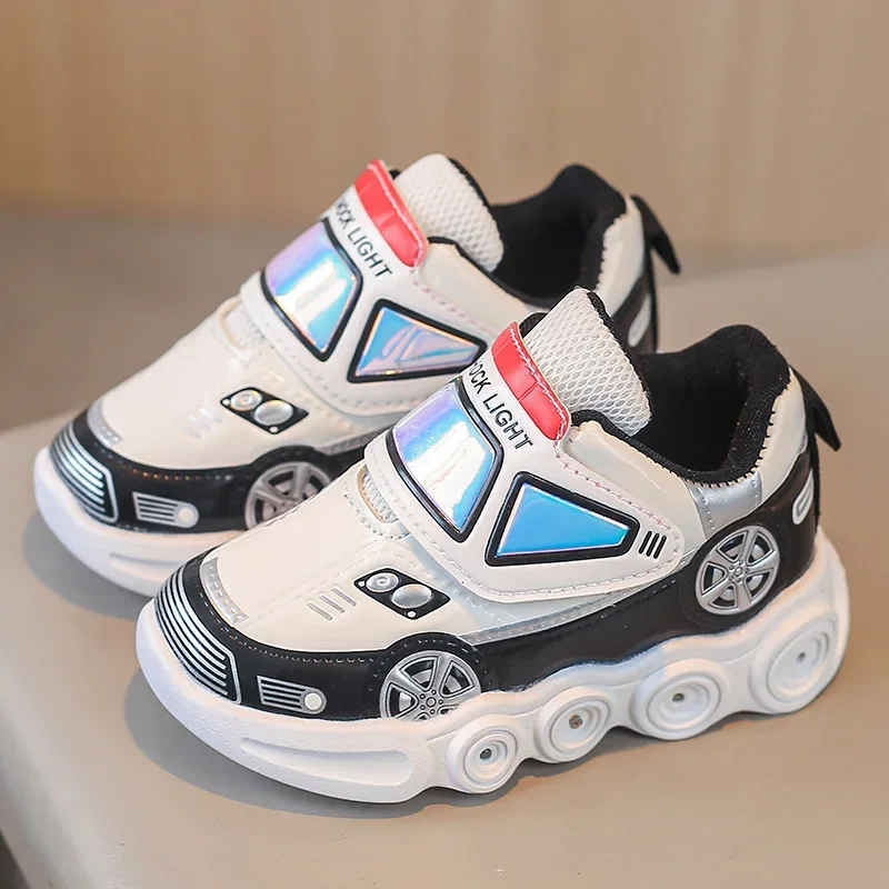 Tennis Shoes LED Children Trainer Cartoon Car Casual Sneakers for Boys Girls Mesh Breathable Kids Flats Baby Illuminated Shoes