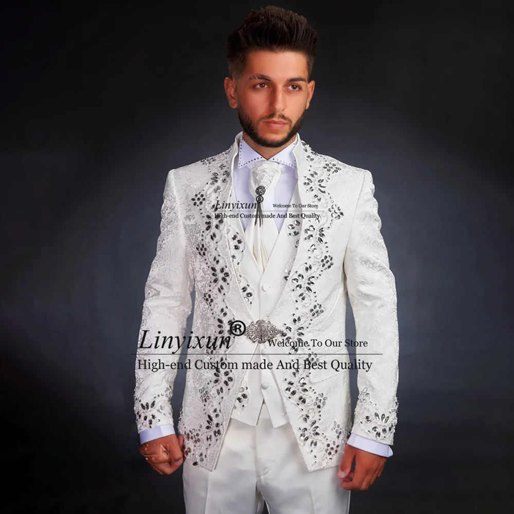 

Elegant Men Suits Groom Tuxedos 3 Pieces Luxury Jewelry Bridegroom Blazers Male Bespoke Ternos Completo