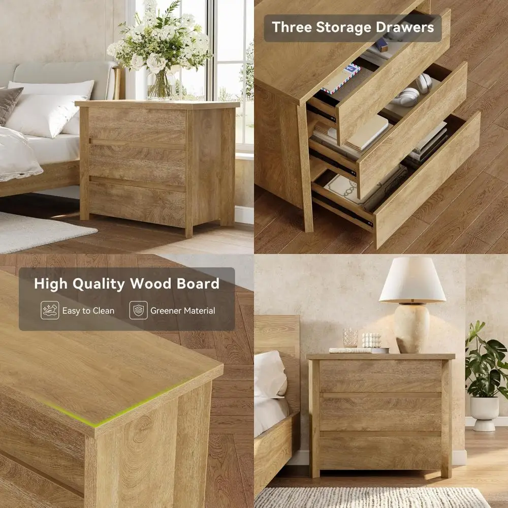

3-Drawer Wooden Farmhouse Nightstand, Wide Bedside Table with Drawers for Bedroom, Oak Finish