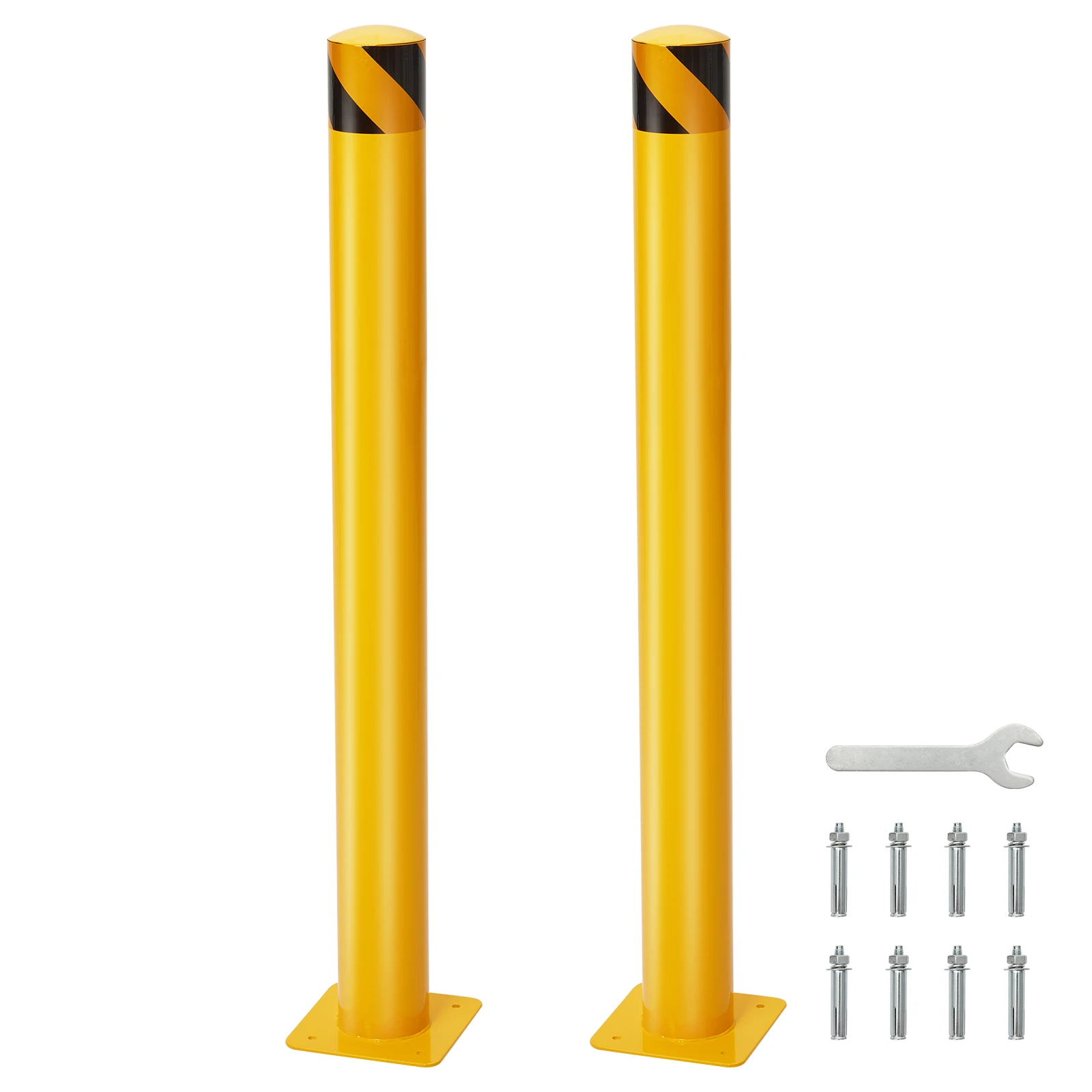 Safety Bollard, 2 Pack 42 Inch Height Bollard Post, 4.5 Inch Diameter, Yellow Safety Steel Bollard Post with 8 Anchor Bolts