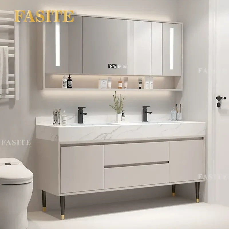 For Bathroom Cream Floor Cabinet Rock Slab Seamless Integrated Double Washbasin Toilet Hand Sink Modern Storage Vanity Unit