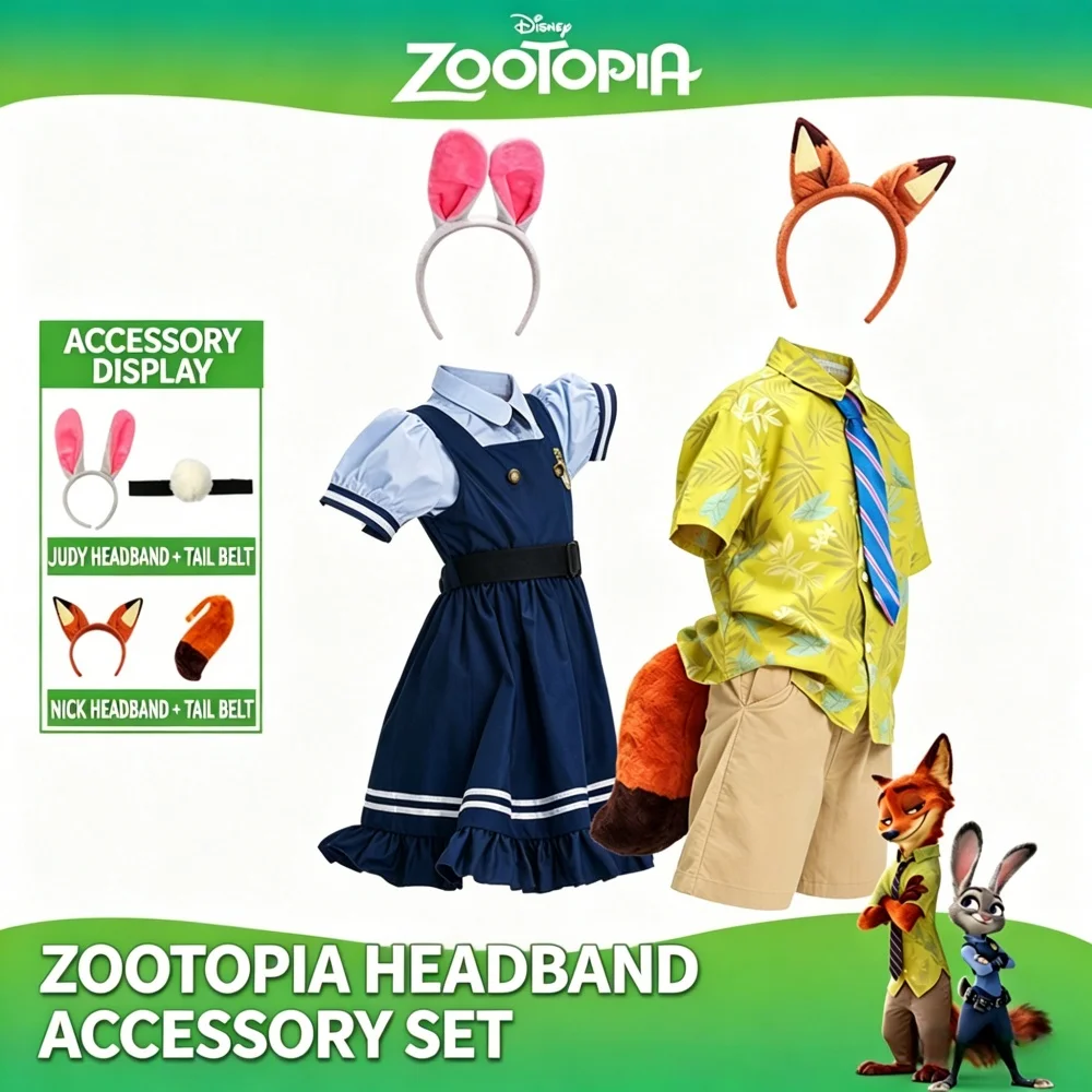 

Оригинальный комплект костюмов для косплея Disney Zootopia Ник и Джуди с повязкой на голову и поясом, костюм персонажа мультфильма для девочек, подарок, игрушки