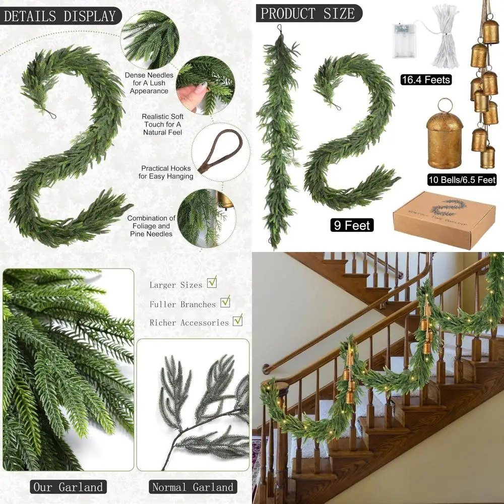 

Luxurious Real-Touch Norfork Pine Christmas Garland with Lights and Bells, Perfect for Indoor and Outdoor Holiday Decor