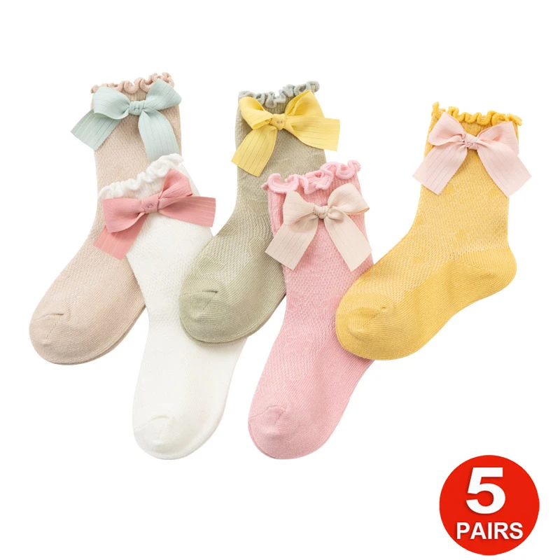 

5 Pairs Baby Girls Cotton Bow Socks Set Toddlers Kids Spanish Style Breathable Mesh Thin Summer Calf Socks