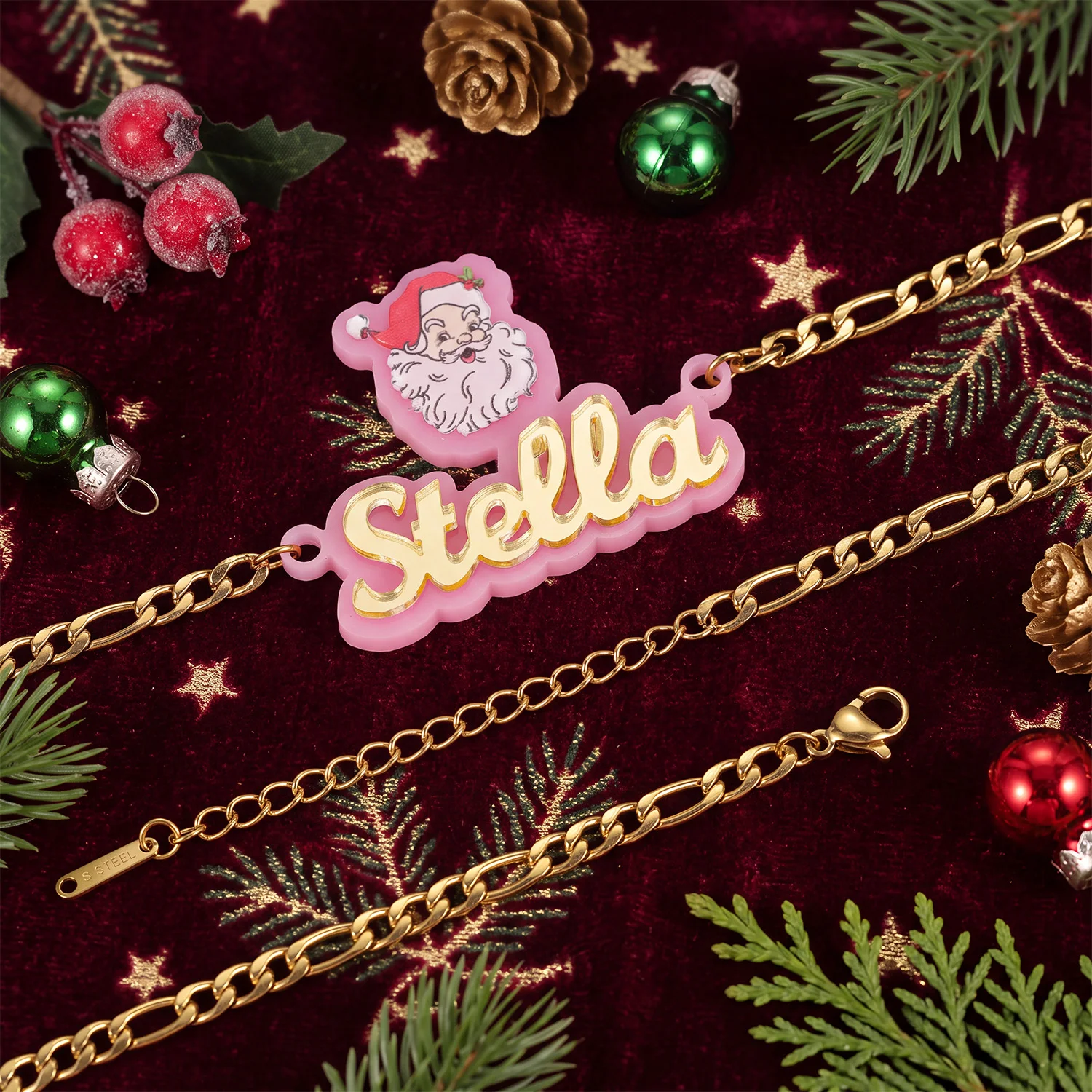 Dascusto Custom Name Necklace Personalized Christmas Santa Claus Acrylic Name plate Pendant Name Necklace Christmas Gift Women