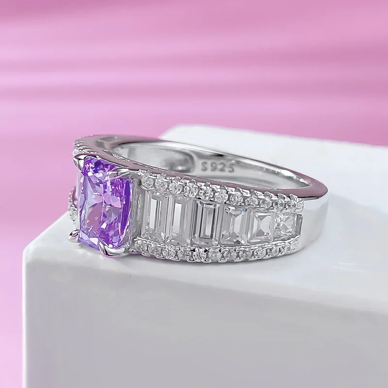 New S925 Pure Silver High Carbon Diamond Ancestor Lavender Purple 5 * 7 Redion Cut European and American Ring Wedding Jewelry