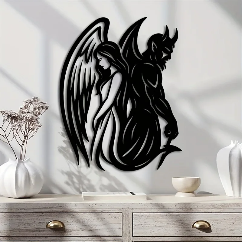 Angel Demon Wall Sculpture - Laser-Cut Metal Art, Iron Mural for Indoor Home Decor, Housewarming Gift