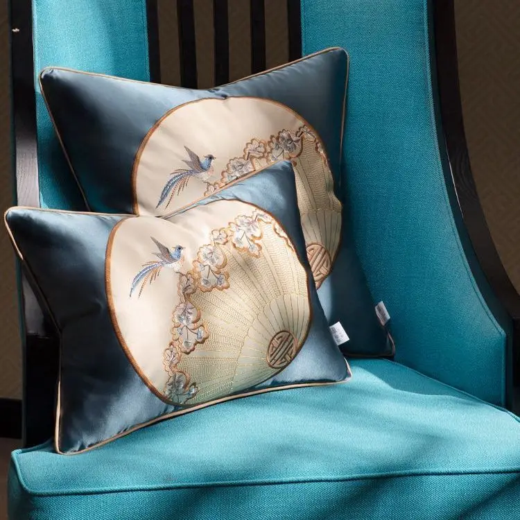 elegant ancient Chinese style bird embroidered cushion cover sofa satin fabric pillowcase decorative lumbar pillow cover