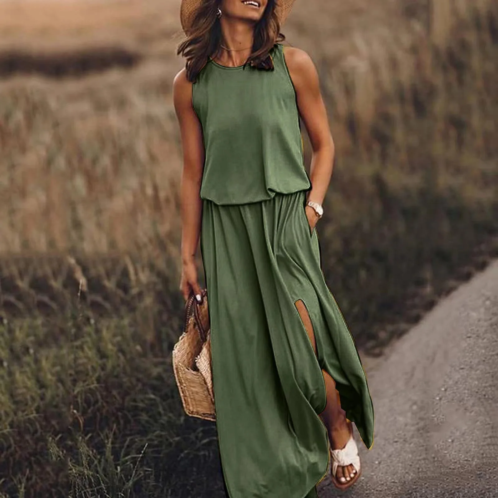 Casual Women Party Skirt Sleeveless Suspender Skirt Office Ladies Fashion O-neck Off-shoulder Solid Color Dress Summer Sundress