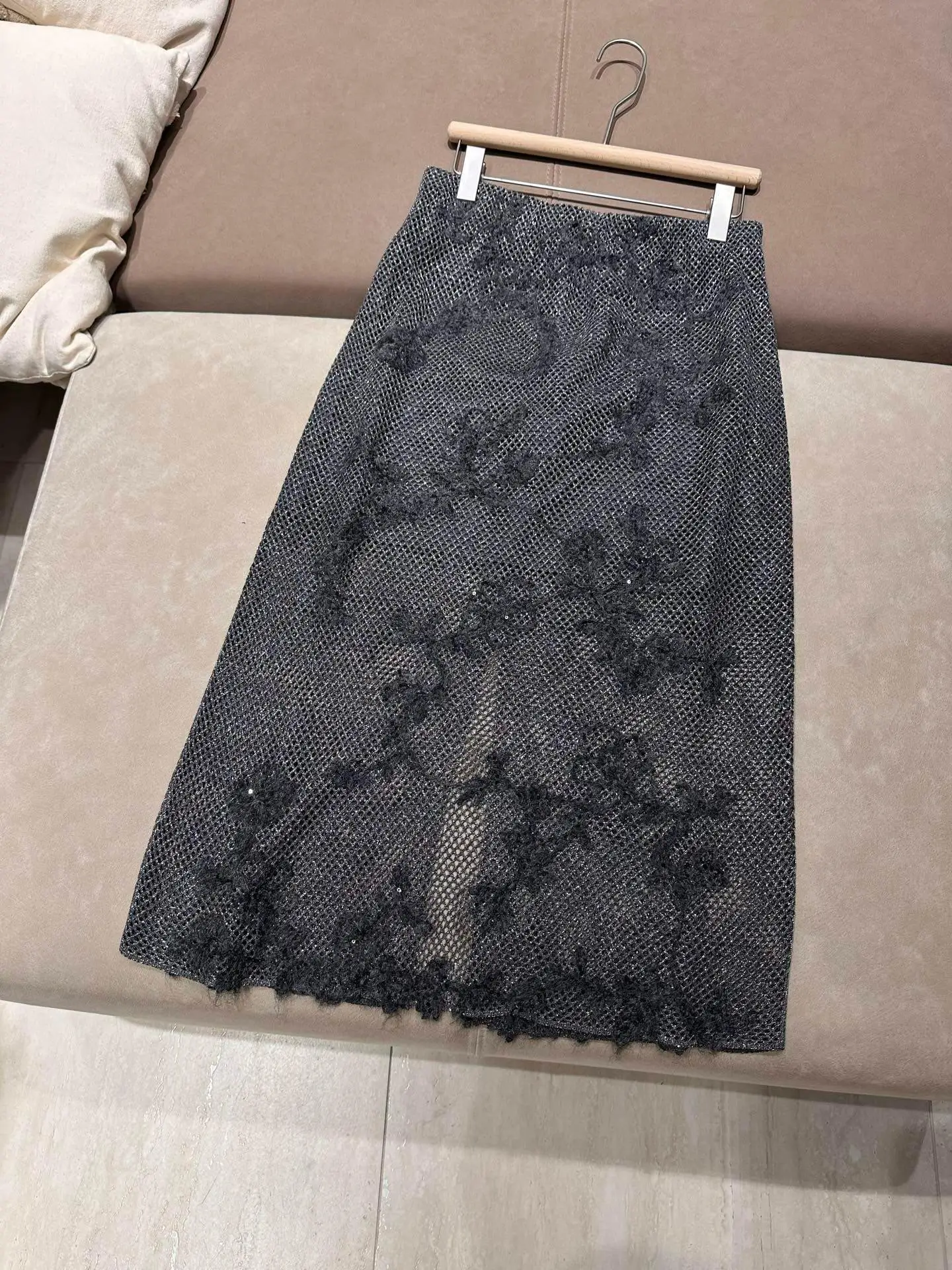 Light Luxury Style Dark Gray Heavy Duty Lace Embroidery Women Set, Round Neck Woven Top & High Waist Midi Skirt