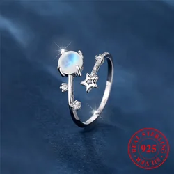 Cute Female Natural Moon Stone Round Star Adjustable Ring Vintage Real 925 Sterling Silver Wedding Open Jewelry For Women