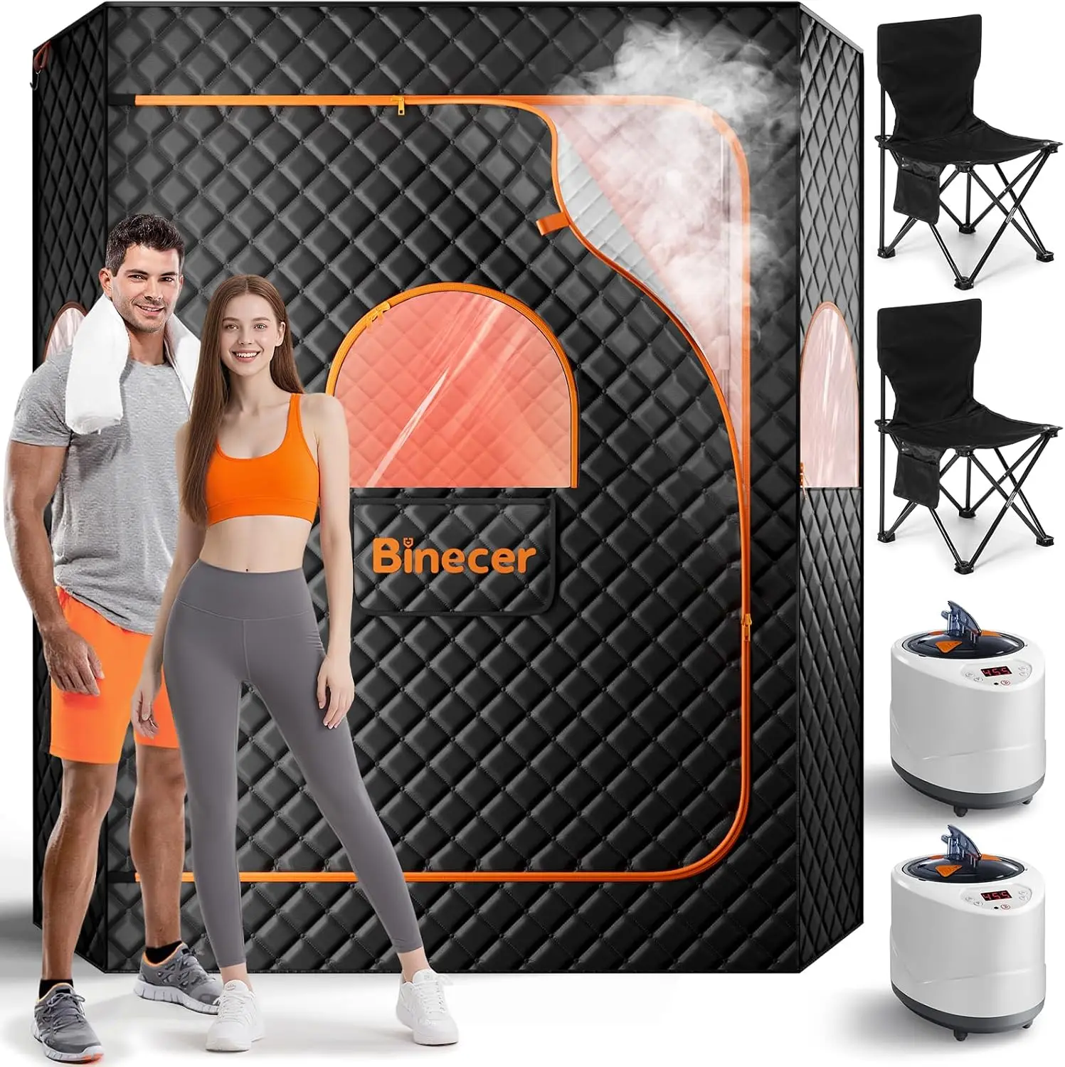 Portable Sauna Box, 2 Person Portable Steam Sauna for Home, Large Sauna Tent with 2 Steamer, Folding Chair for Relaxation-Black