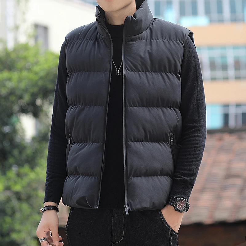 Man New Fashion Solid Color Warm Vest For Autumn And Winter Double Pocket Stand Up Collar Zipper Vest