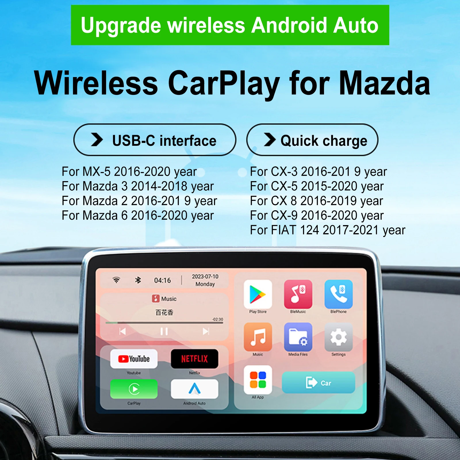 Wireless Carplay & Android Auto USB Port Hub for Retrofit OEM Mazda CX3 CX5 CX8 CX9 MX5, For Mazda 2 3 6 Plug and Play