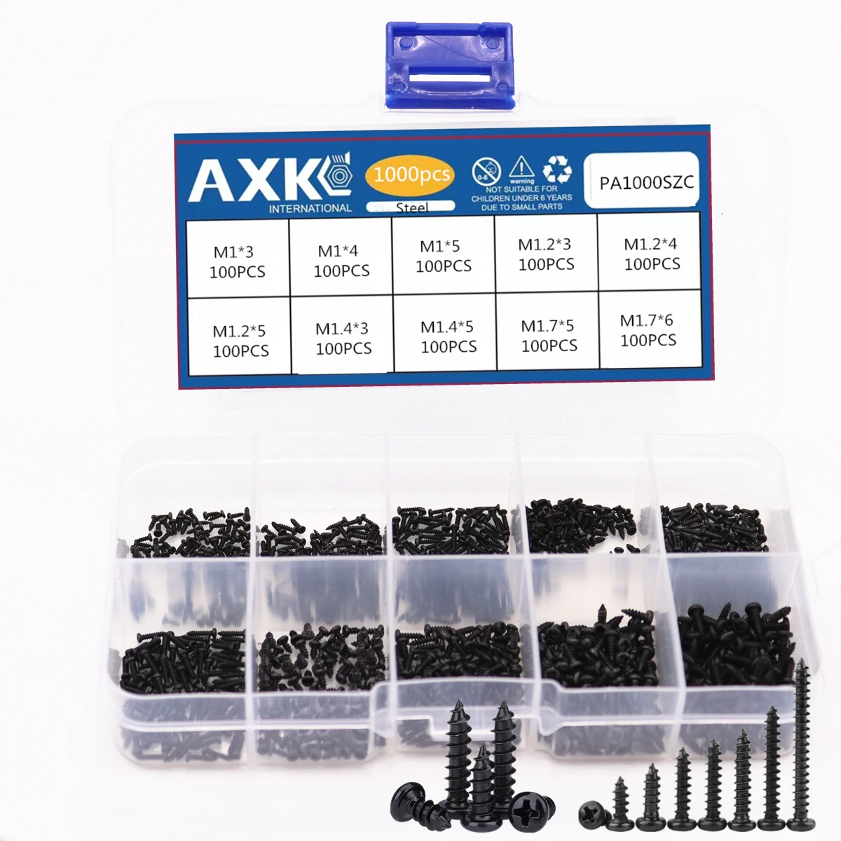 1000pcs/set M1/M1.2/M1.4/M1.7 Round Cross Head Stainless Steel Screws Pan Self Tapping Screw Set Assortment Kit Black