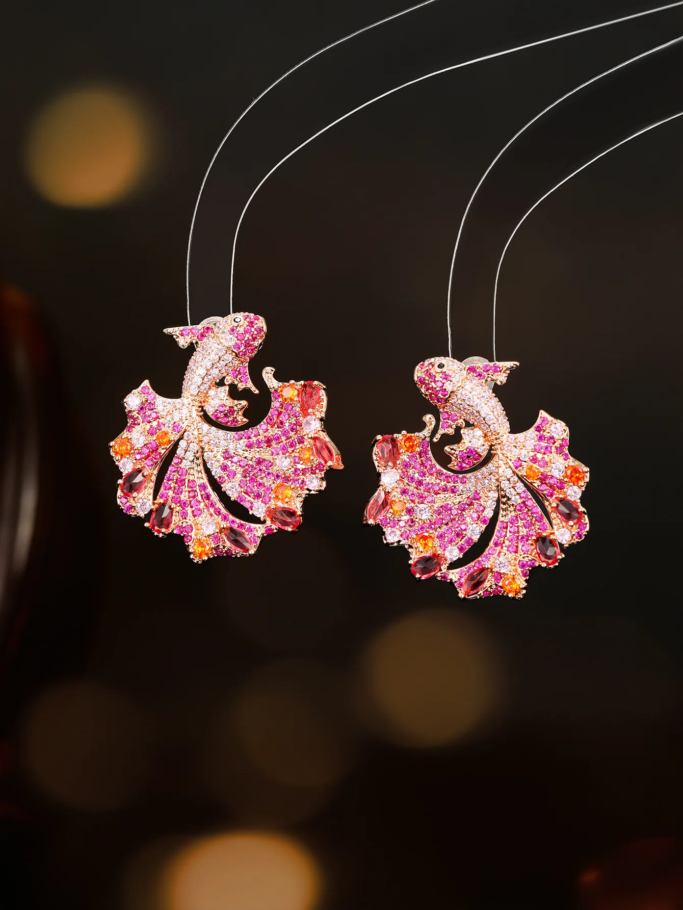 

Lucky 14K Gold Filled Pink Blue Gem Koi Carp Drop Dangle Earring Full Sparkling Rhinestone Fish Ear Studs Statement High Jewelry