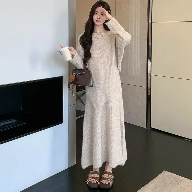 French Gentle Style Three-Dimensional Flower Loose Design Sense Irregular Temperament Sweater Knitted Skirt Two-Piece Set