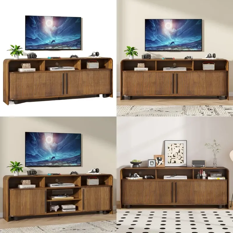 Medieval Style Retro Brown Wood Grain Vertical Grille Flap Door Curved Corner Long Floor TV Cabinet Low Audio Visual Console