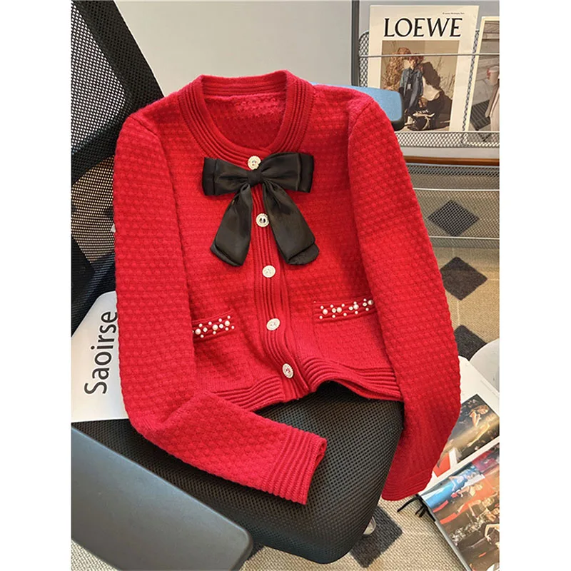 Light Luxury Bowknot Design Short Knit Cardigan Pearl Button Fashion Women 2024 New Sweater Coat Gentle Slim Fit Solid Color Top