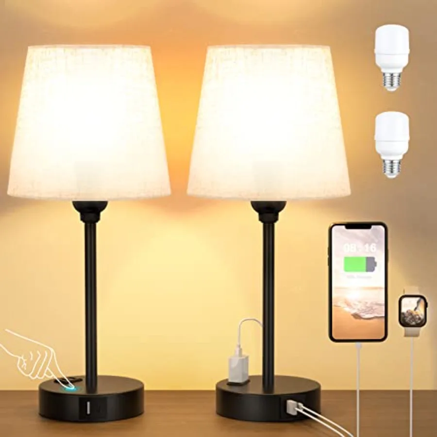 Mini Bedside Lamps for Bedrooms Set of 2 - Nightstand Bedroom Lamps with USB C Port and AC Outlet Charging, Dimmable Touch Smal