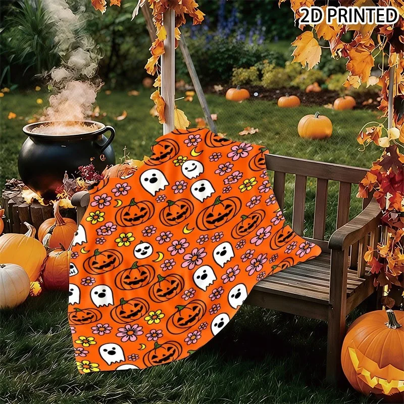 Playful Halloween Throw Blanket with Smiling Jack-O'-Lanterns, Ghosts, Skulls, Floral & Crescent Moon Prints, Multiple Specifica