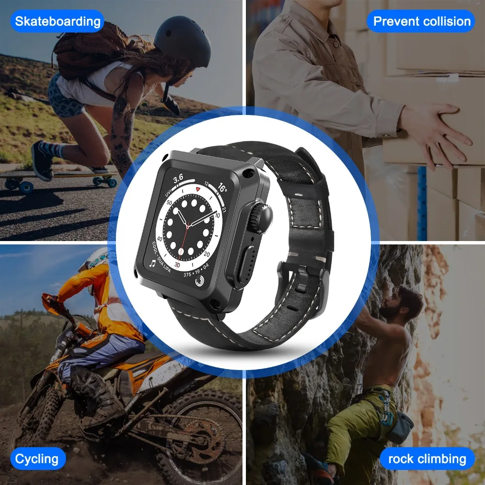 Leather Strap + Metal Case for Apple Watch Serise 6 5 4 SE 44mm 40mm 2 in 1 Drop-proof Glass Case for iWatch 3 2 42mm 38mm Strap