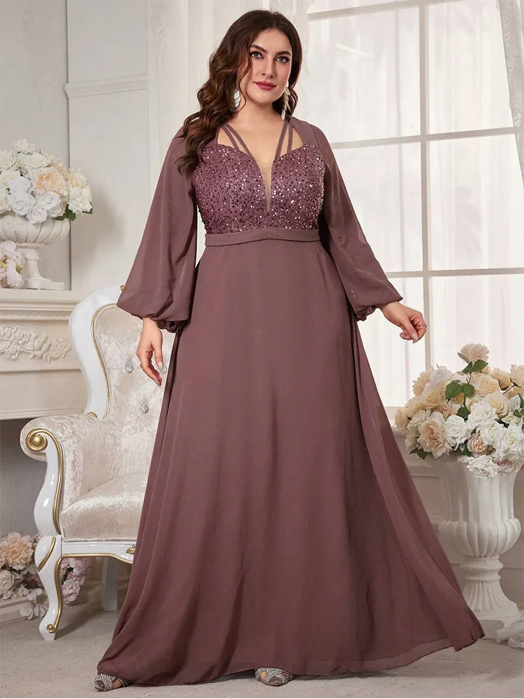 Plus Size V-Neck Sequined Chiffon Loose Floor-Length Evening Gown Big Size Luxury Sparkling 4xl 5xl Evening Gown Women