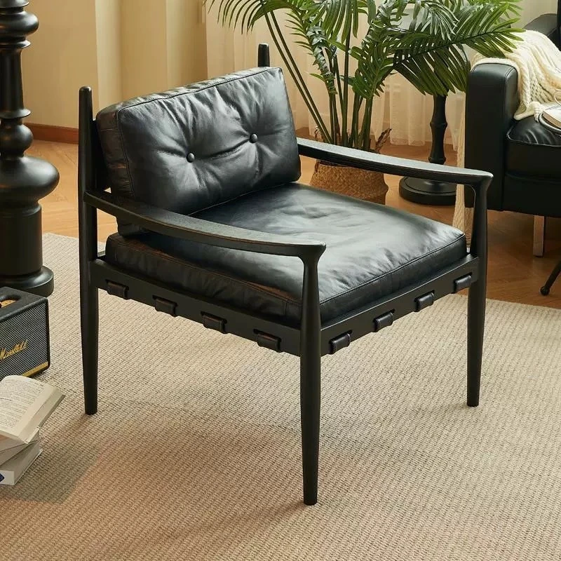 Leather single leisure chair coffee household balcony solid wood Chinese chair