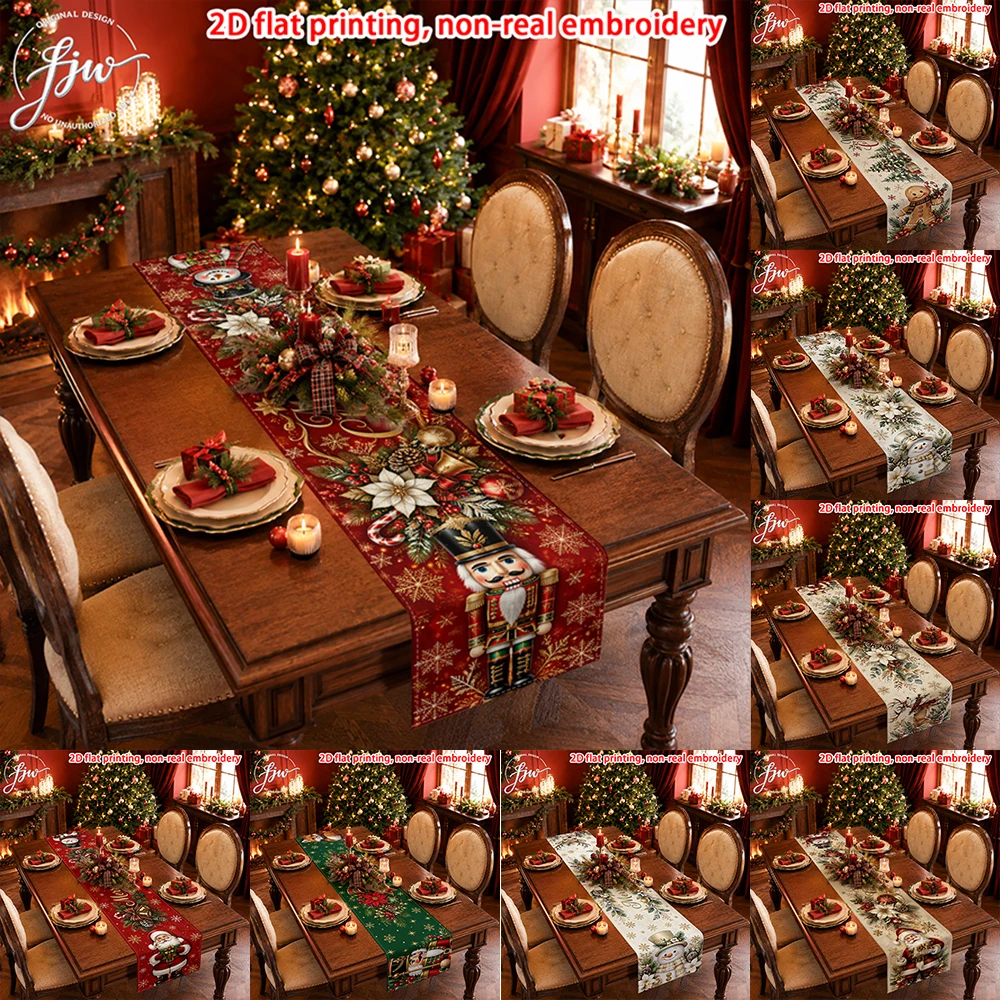 1pc Christmas Nutcracker Snowman Table Runner, Holiday Winter Festive Table Decor for Dining Room Kitchen Party
