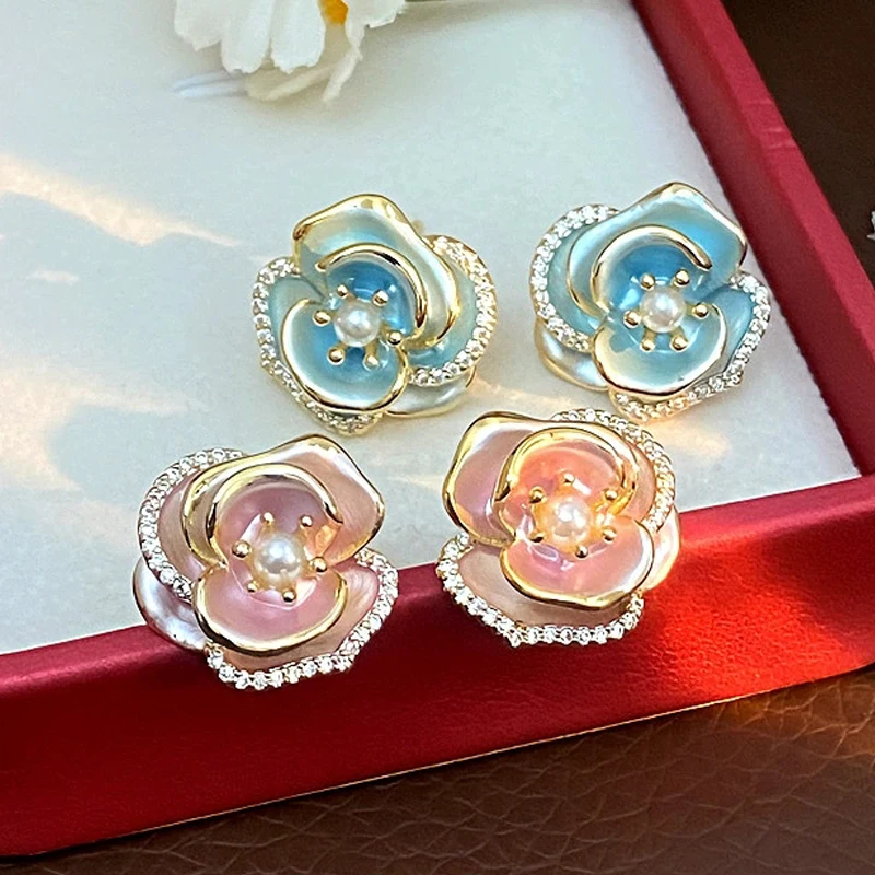 Fashion Cute Small Flower Stud Earrings for Women Pink Blue Enamel Oil Petal Earrings Korean Sweet Party Jewelry Girls Gift