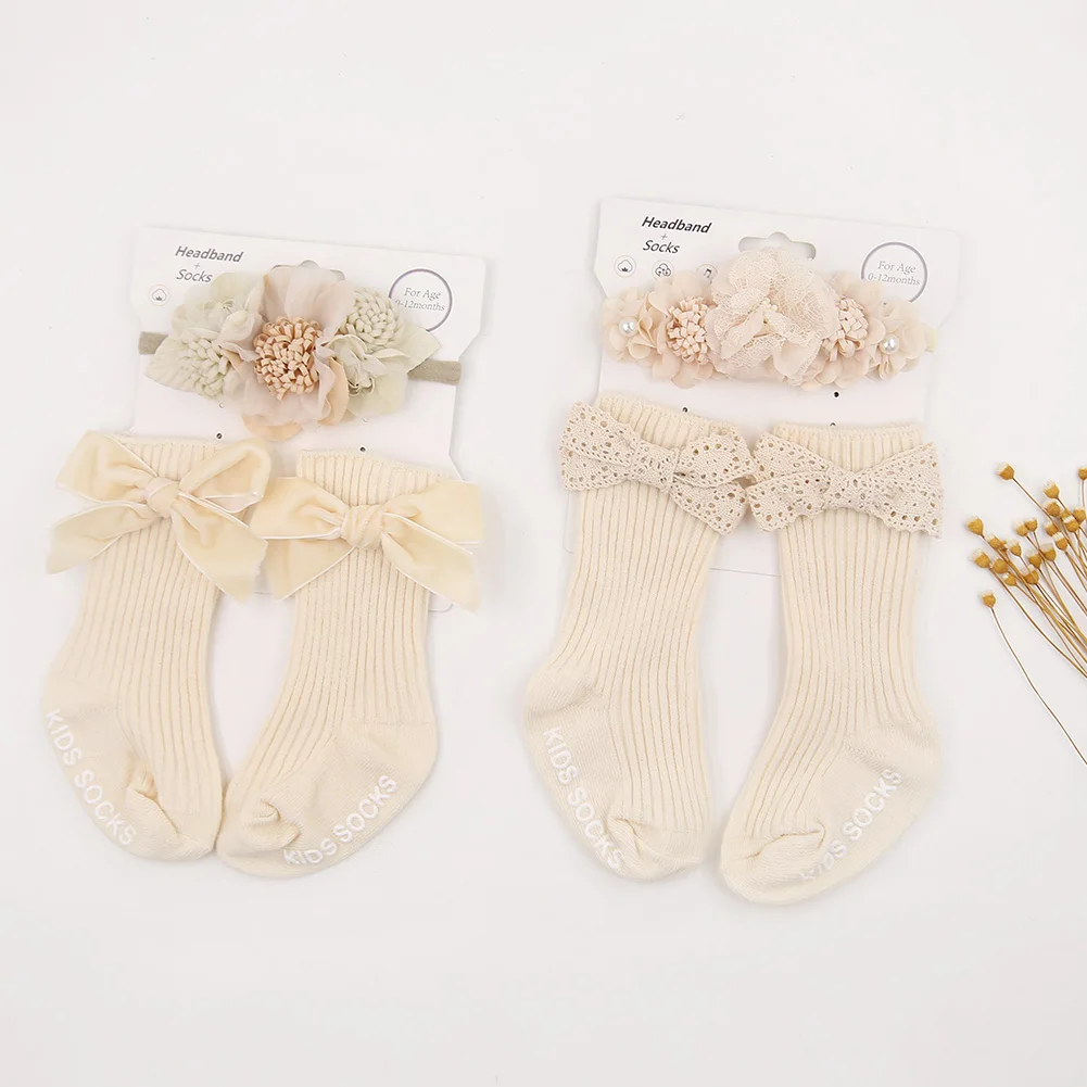 3Pcs/Set Ins Cream Latte Flower Headbands with Ribbed Socks for Baby Girls Boutique Flower Anti-Slip Short Cotton 0-12M Sock