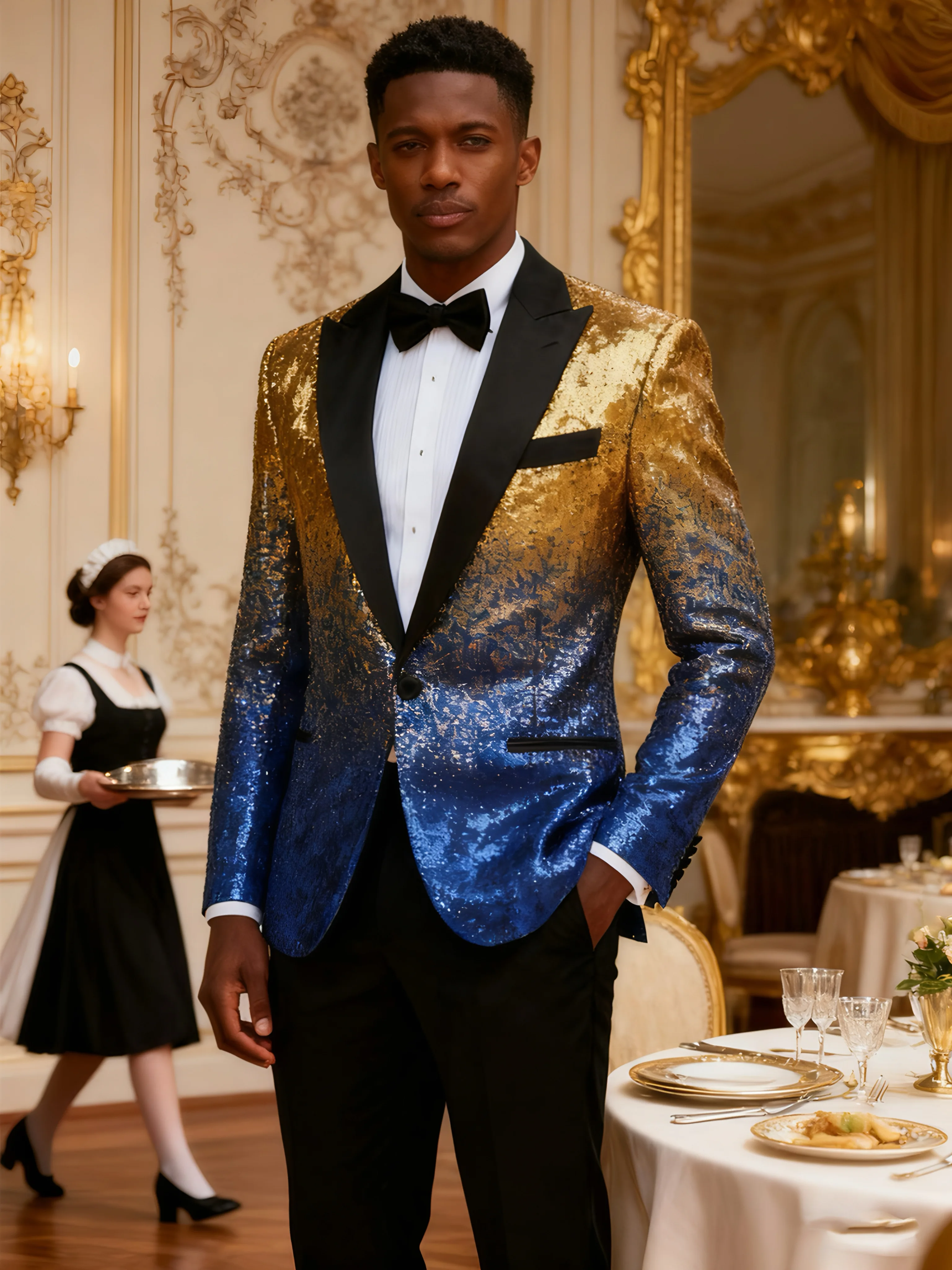 

Мужской цельный топ с пайетками, блестящий пиджак для бального платья, стиль на одной пуговице и спортивный жакет, подходит для свадебного банкета.