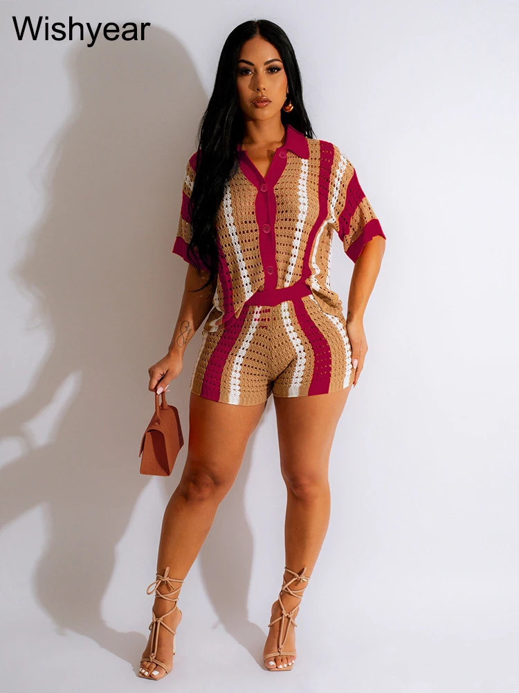 Sexy Stripe Hollow Out Knit Crochet Two 2 Piece Shorts Sets Beach Club Outfit Women Lapel Short Sleeves Shirts Suit Summer Party