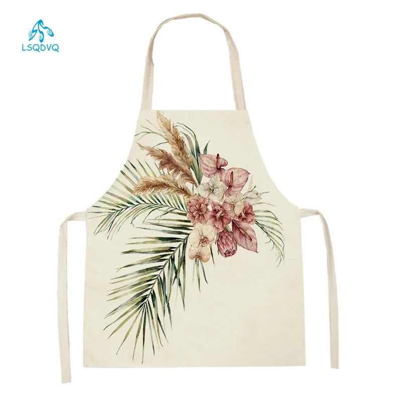 Flowers Plant Pattern Cleaning Kitchen Aprons Household Cooking Aprons Baking Accessories Linen Adult Kids Waist Bibs
